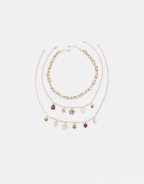 Stradivarius – Set mit 3 Halsketten mit mehreren Anhängern in Gold-Optik - view 1