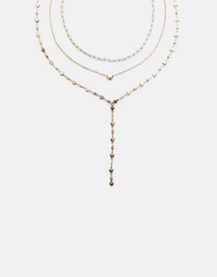 Stradivarius - Set mit 3 Lasso-Halsketten in Gold-Optik mit Herzverzierung-Gelb