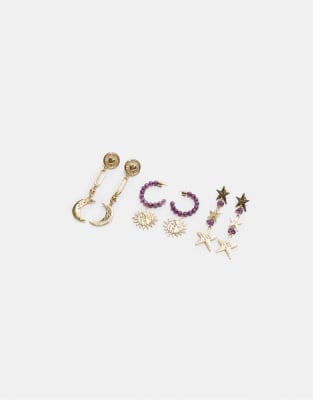 Stradivarius - Set mit 3 Paar Ohrringe in Gold-Optik mit Mond- und Perlenverzierung-Gelb