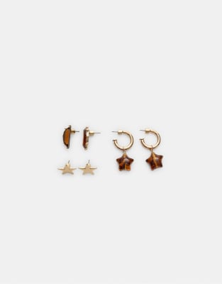 Stradivarius - Set mit 3 Paar Stern-Ohrringen in Gold-Optik-Gelb