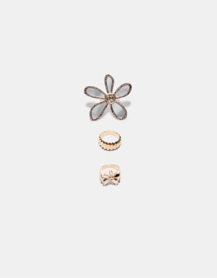 Stradivarius - Set mit 3 Ringen in Gold-Optik mit Blumendesign und Schmucksteinen-Gelb