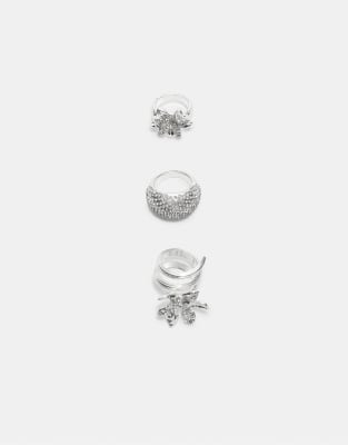 Stradivarius - Set mit 3 Ringen in Grau mit Strassbesatz
