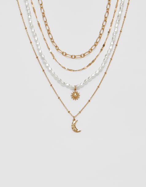 Stradivarius – Set mit 4 Halsketten in Gold-Optik mit Mond- und Sonnendesign - view 1