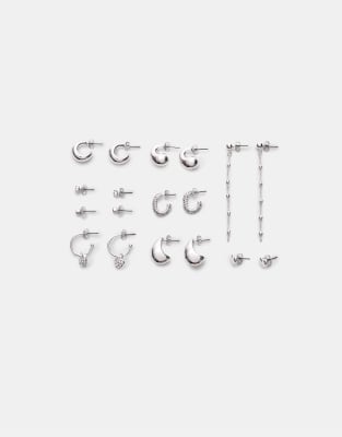 Stradivarius - Set mit 9 Herz-Ohrringen und Creolen in Grau
