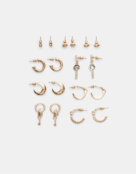 Stradivarius – Set mit 9 Paar glänzenden Ohrringen in Gold-Optik - view 1