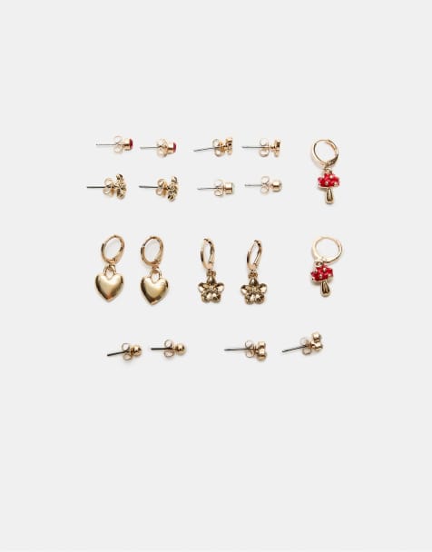 Stradivarius – Set mit 9 Paar Ohrringen in Gold-Optik mit Pilz-Design - view 1