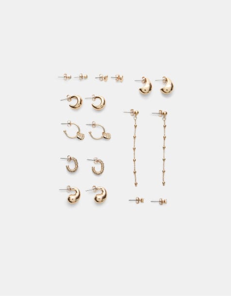 Stradivarius – Set mit 9 Paar Ohrsteckern und Creolen in Gold-Optik mit Herz-Design - view 1