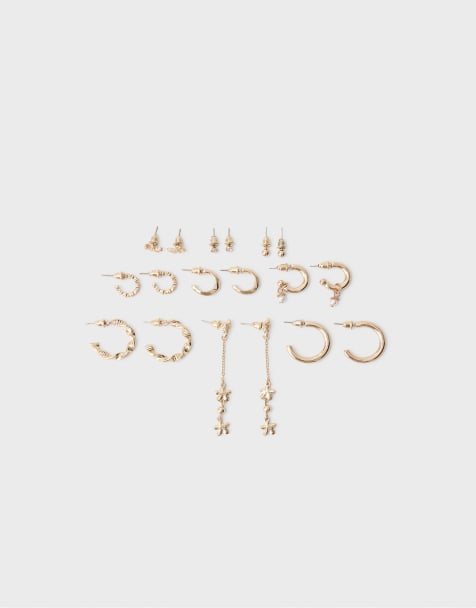 Stradivarius Set mit 9 Schmetterlingsohrringen in Gold - view 1