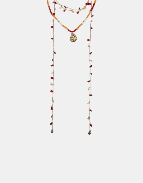 Stradivarius Set of 2 bead and seashell charm necklaces in amber - view 1