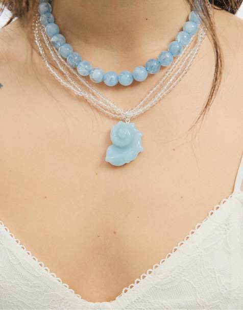 Stradivarius Set of 2 bead and seashell necklaces in blue - view 1