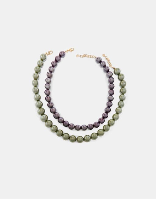 Stradivarius Set of 2 bead necklaces in khaki, 4 of 4