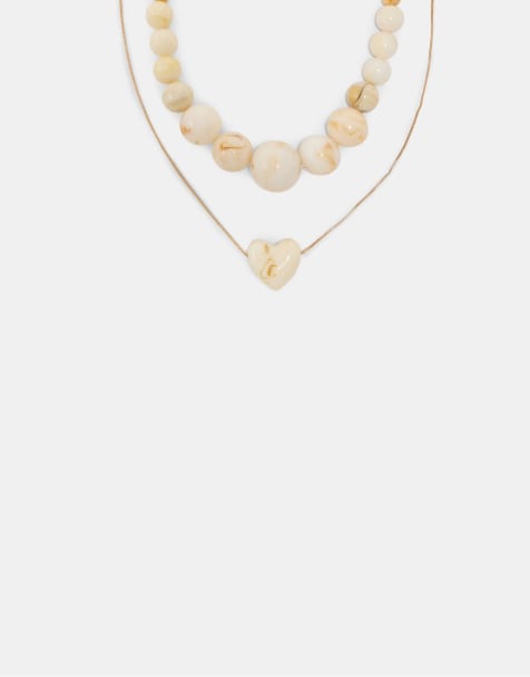 Stradivarius Set of 2 beaded and heart necklaces in ecru - view 1