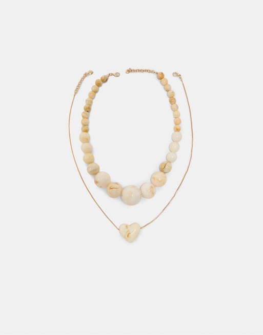 Stradivarius Set of 2 beaded and heart necklaces in ecru, 4 of 4