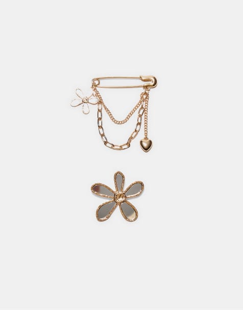 Stradivarius Set of 2 crystal effect flower pins in gold - view 1