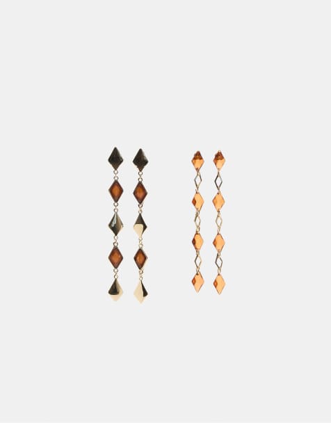 Stradivarius Set of 2 diamond dangle earrings in mustard - view 1