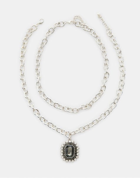 Stradivarius Set of 2 embellished chain necklaces in grey - view 1