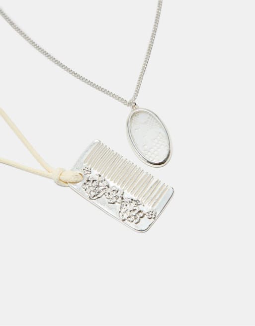 Stradivarius Set of 2 layered comb pendant necklaces in grey, 4 of 4