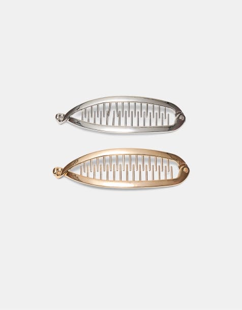 Stradivarius Set of 2 metal banana clips in gold - view 1