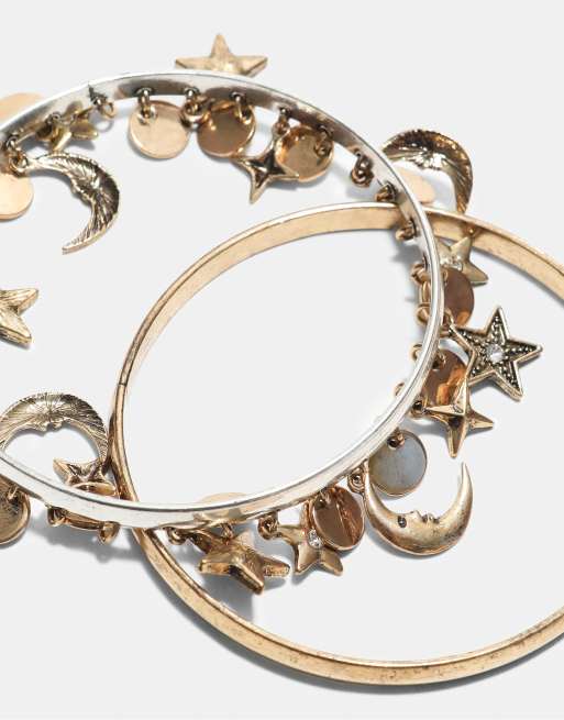 Stradivarius Set of 2 moon and star multi-charm bracelets in gold, 4 of 4