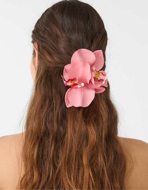 Stradivarius set of 2 orchid flower hair clips in pink - view 1