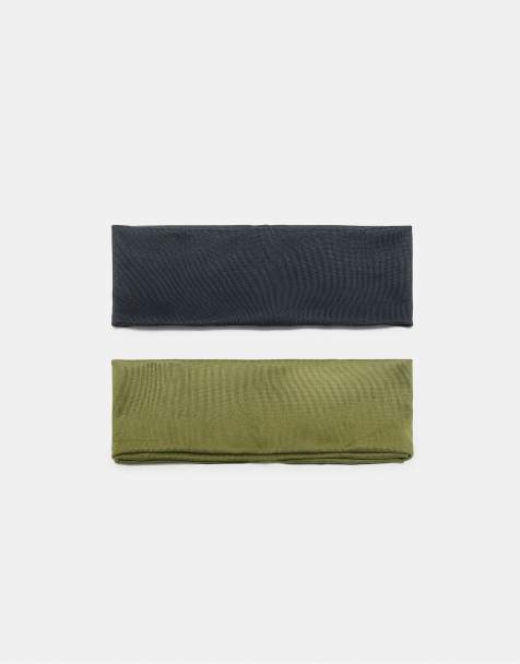 Stradivarius Set of 2 plain elasticated headbands in khaki - view 1