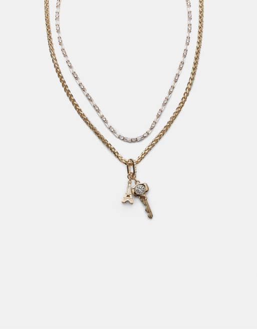 Stradivarius Set of rhinestone and multi-charm necklaces in gold