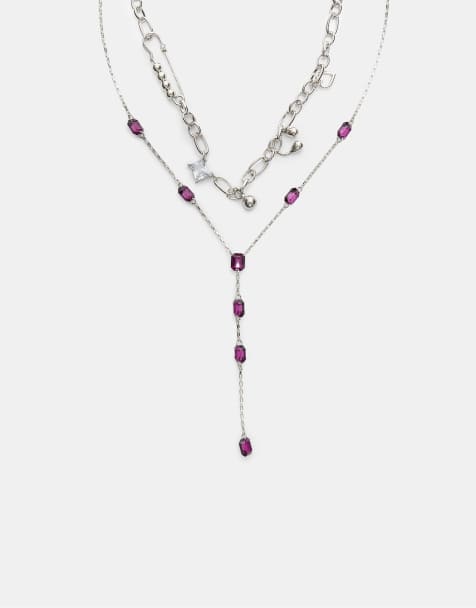 Stradivarius Set of 2 rhinestone lariat necklaces in grey - view 1