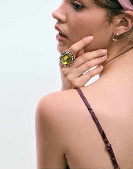 Stradivarius Set of 2 rhinestone rings in khaki, 3 of 4