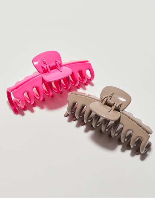 Stradivarius Set of 2 soft touch maxi hair clips in neon pink, 4 of 4