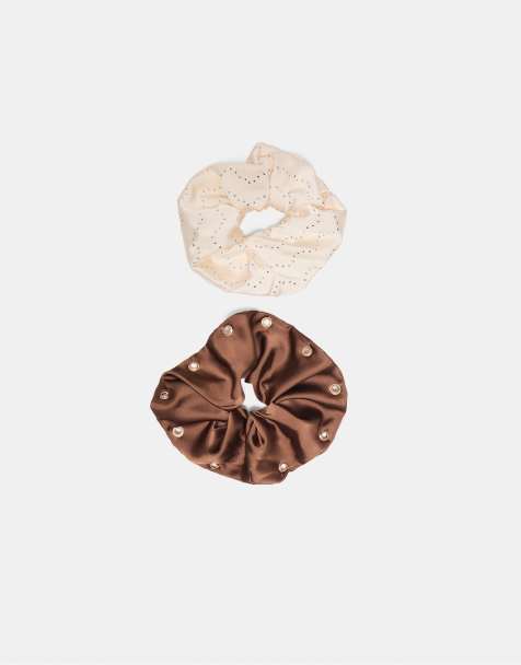 Stradivarius Set of 2 studded scrunchies in brown - view 1
