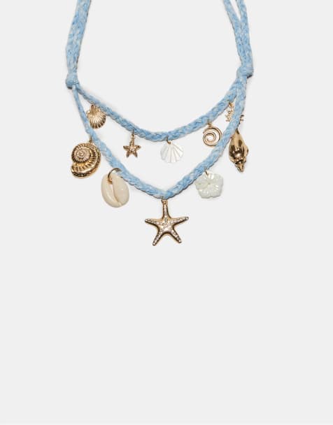Stradivarius Set of 2 woven necklaces with sea charms in blue - view 1
