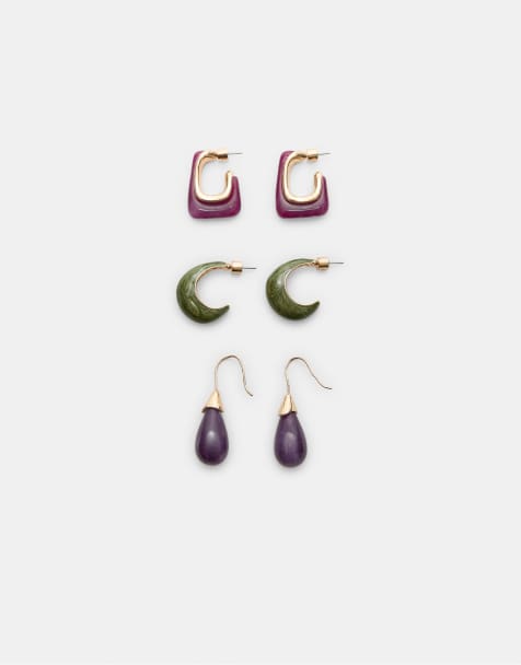 Stradivarius Set of 3 contrast hoop and droplet earrings in lilac - view 1