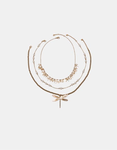 Stradivarius Set of 3 dragonfly necklaces in gold - view 1
