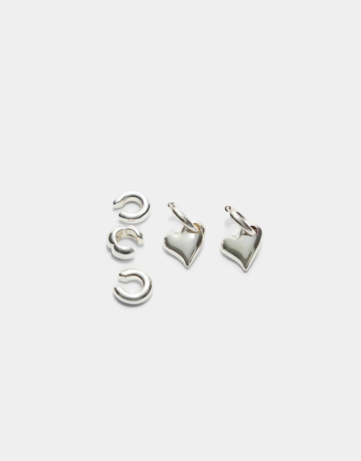 Stradivarius Set of 3 ear cuffs and heart earrings in grey