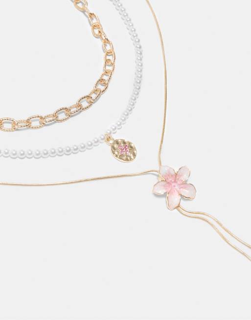 Stradivarius Set of 3 enamel flower necklaces in gold, 3 of 4