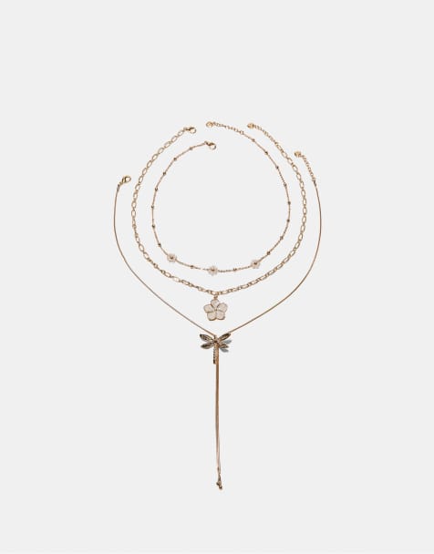 Stradivarius Set of 3 flower and dragonfly necklaces in gold - view 1
