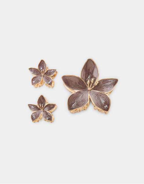 Stradivarius Set of 3 flower clips in brown - view 1