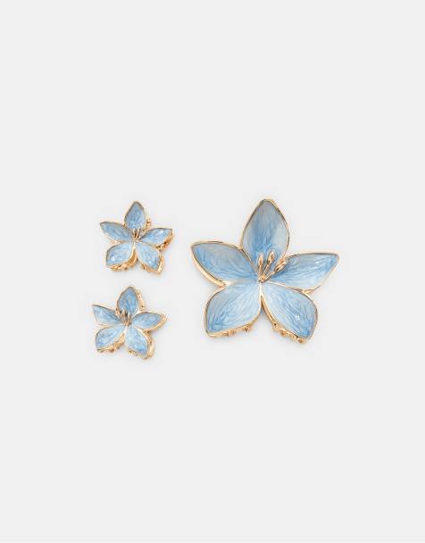 Stradivarius Set of 3 flower clips in turquoise - view 1