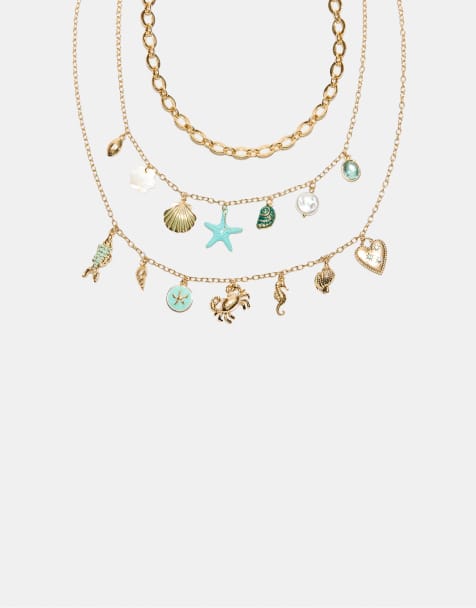 Stradivarius Set of 3 multi-charm sea necklaces in gold - view 1