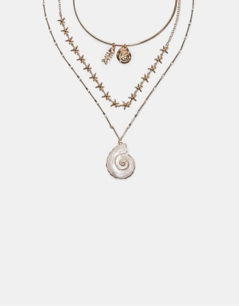 Stradivarius Set of 3 seashell charm necklaces in gold - view 1
