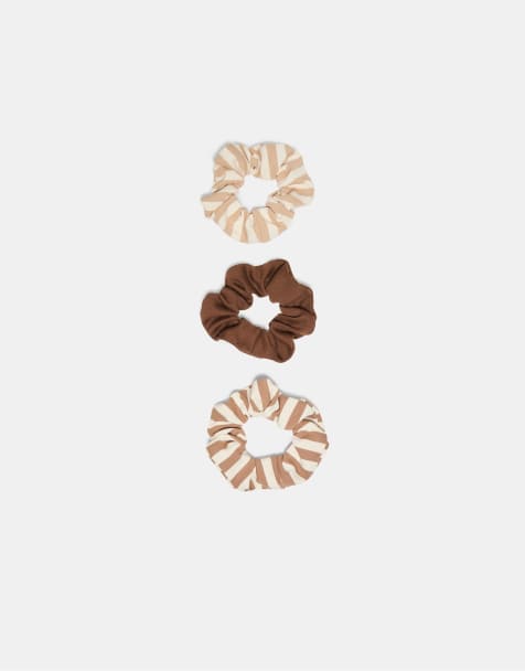 Stradivarius Set of 3 striped scrunchies in brown - view 1