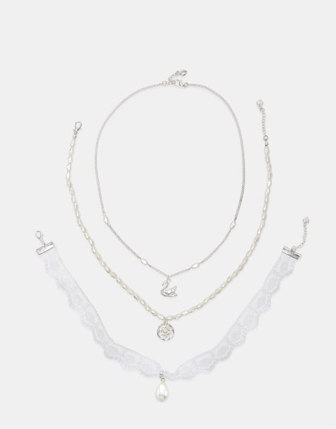 Stradivarius Set of 3 swan necklaces in grey - view 1