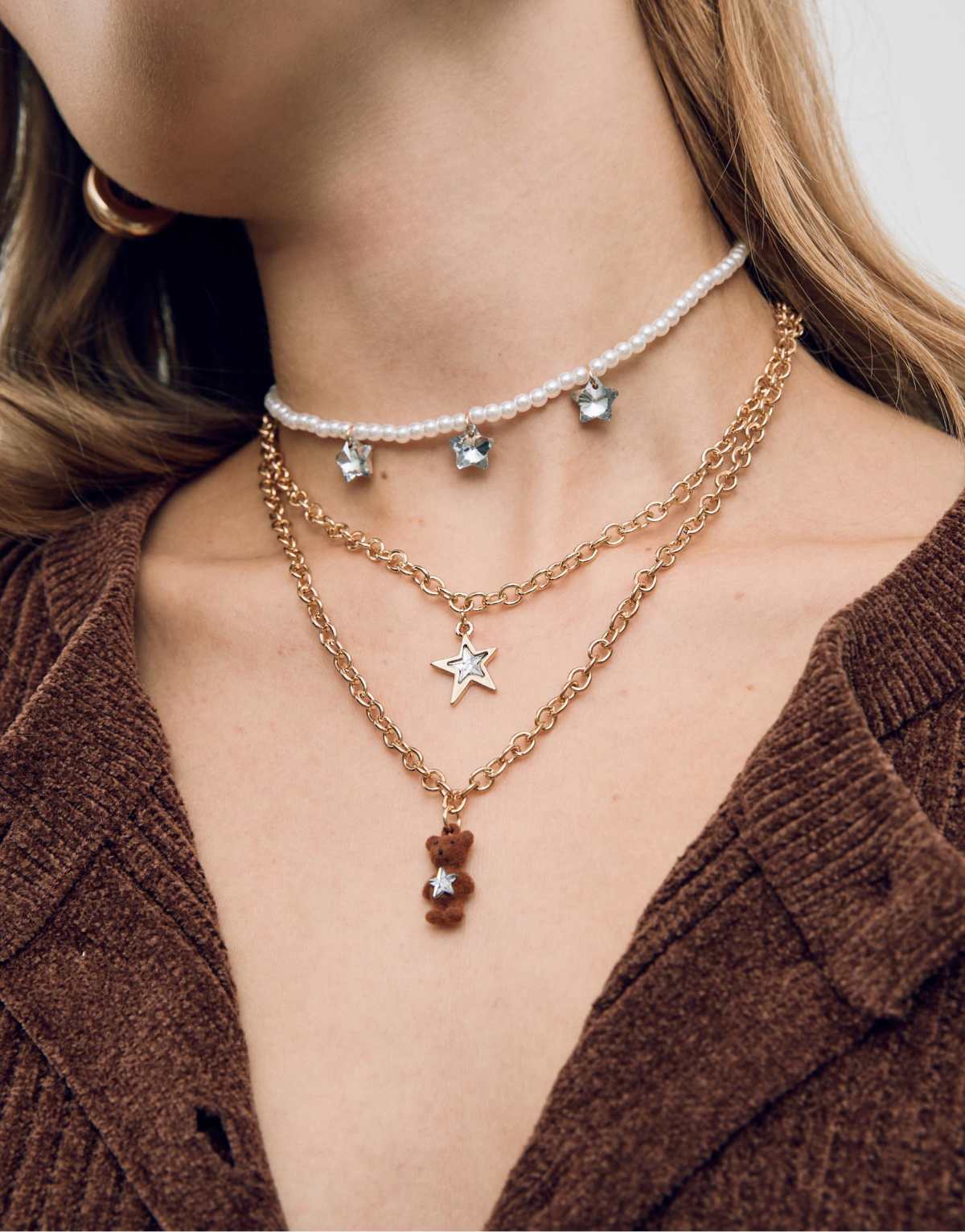 Stradivarius Set of 3 teddy bear necklaces in gold