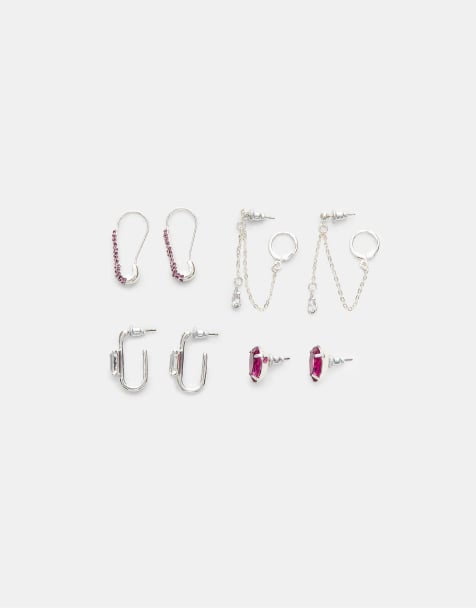 Stradivarius Set of 4 pairs of shiny earrings in grey - view 1