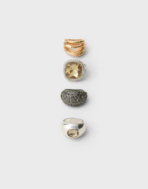 Stradivarius Set of 4 rhinestones rings in gold - view 1