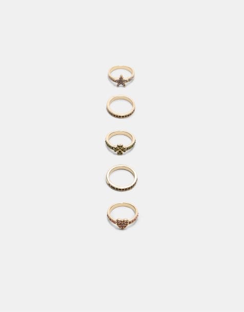 Stradivarius Set of 5 rhinestone rings in gold - view 1