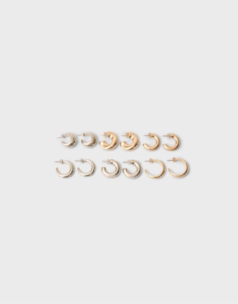 Stradivarius Set of 6 mixed-colour hoop earrings in gold - view 1