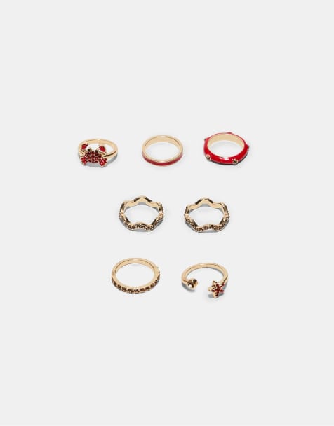 Stradivarius Set of 7 shimmery crab rings in red - view 1