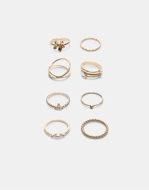 Stradivarius Set of 8 rhinestone rings in gold - view 1