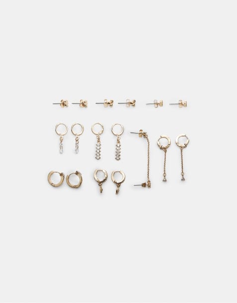 Stradivarius Set of 9 cherry and rhinestone earrings in gold - view 1